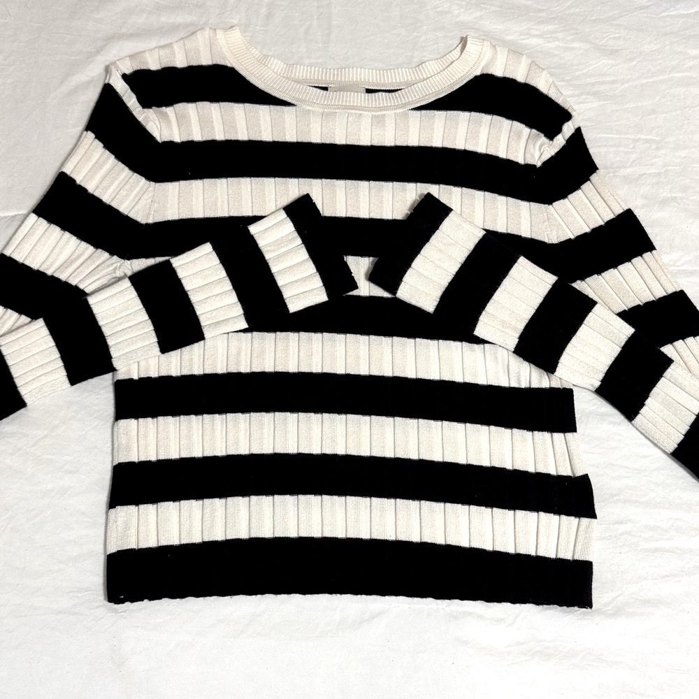 Black and Cream Striped Ribbed Flare Arm Sweater